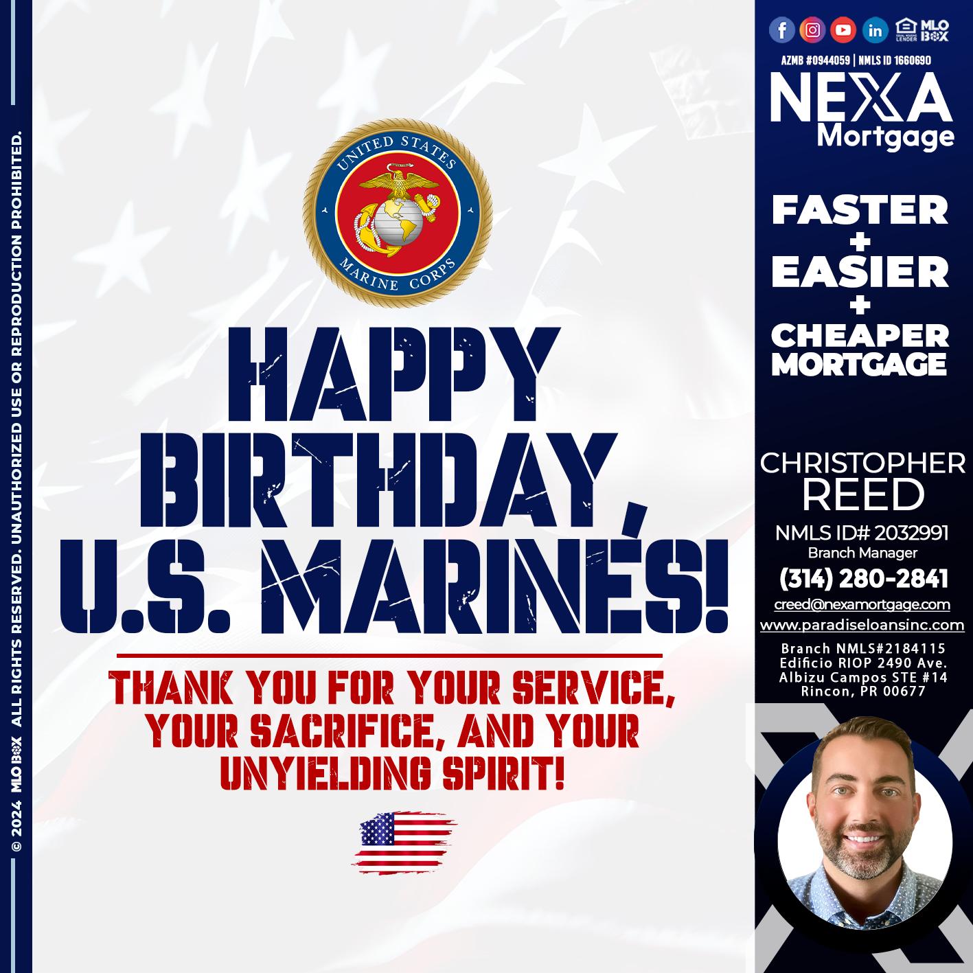 US MARINE BIRTHDAY - Christopher Reed -Branch Manager
