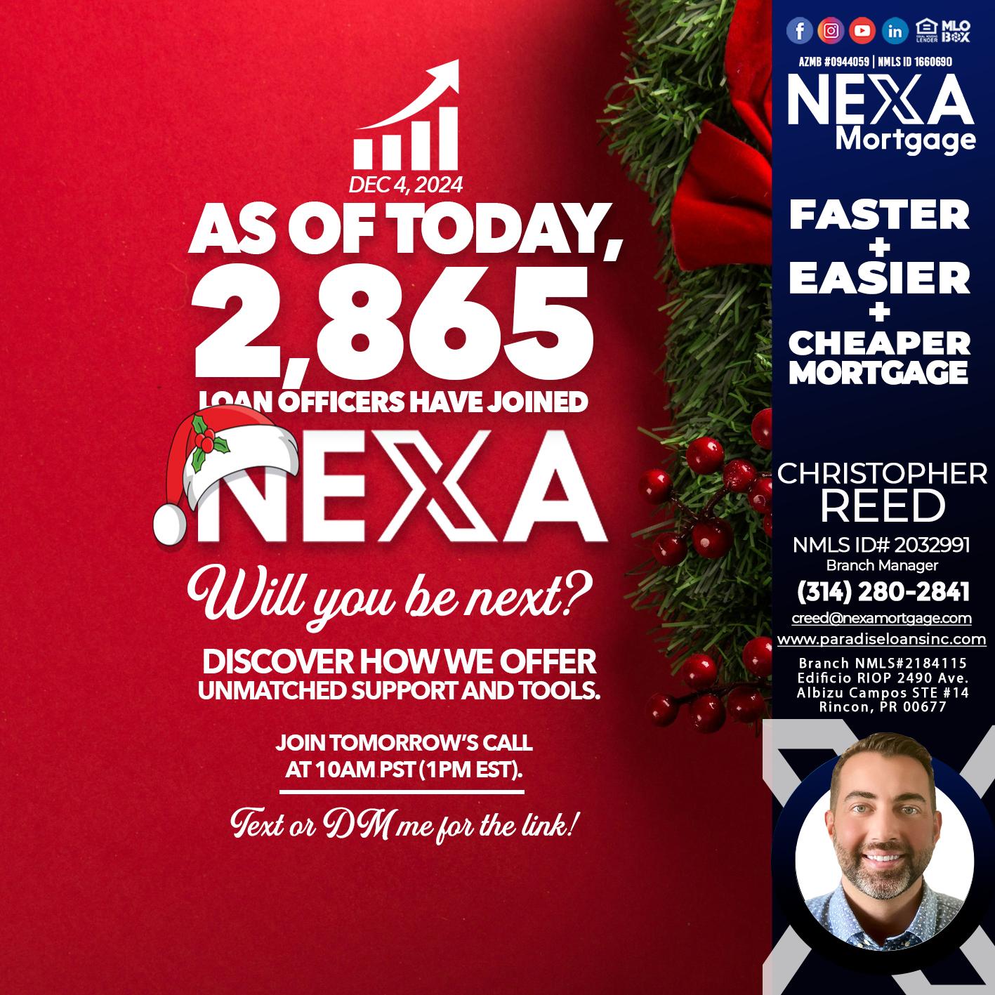 AS OF TODAY - Christopher Reed -Branch Manager