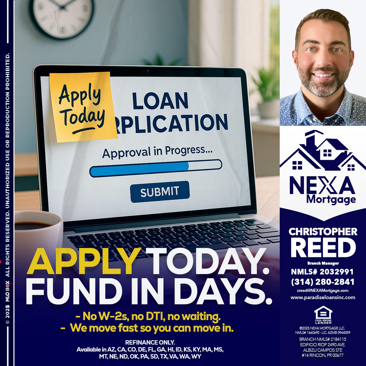APPLY TODAY - Christopher Reed -Branch Manager