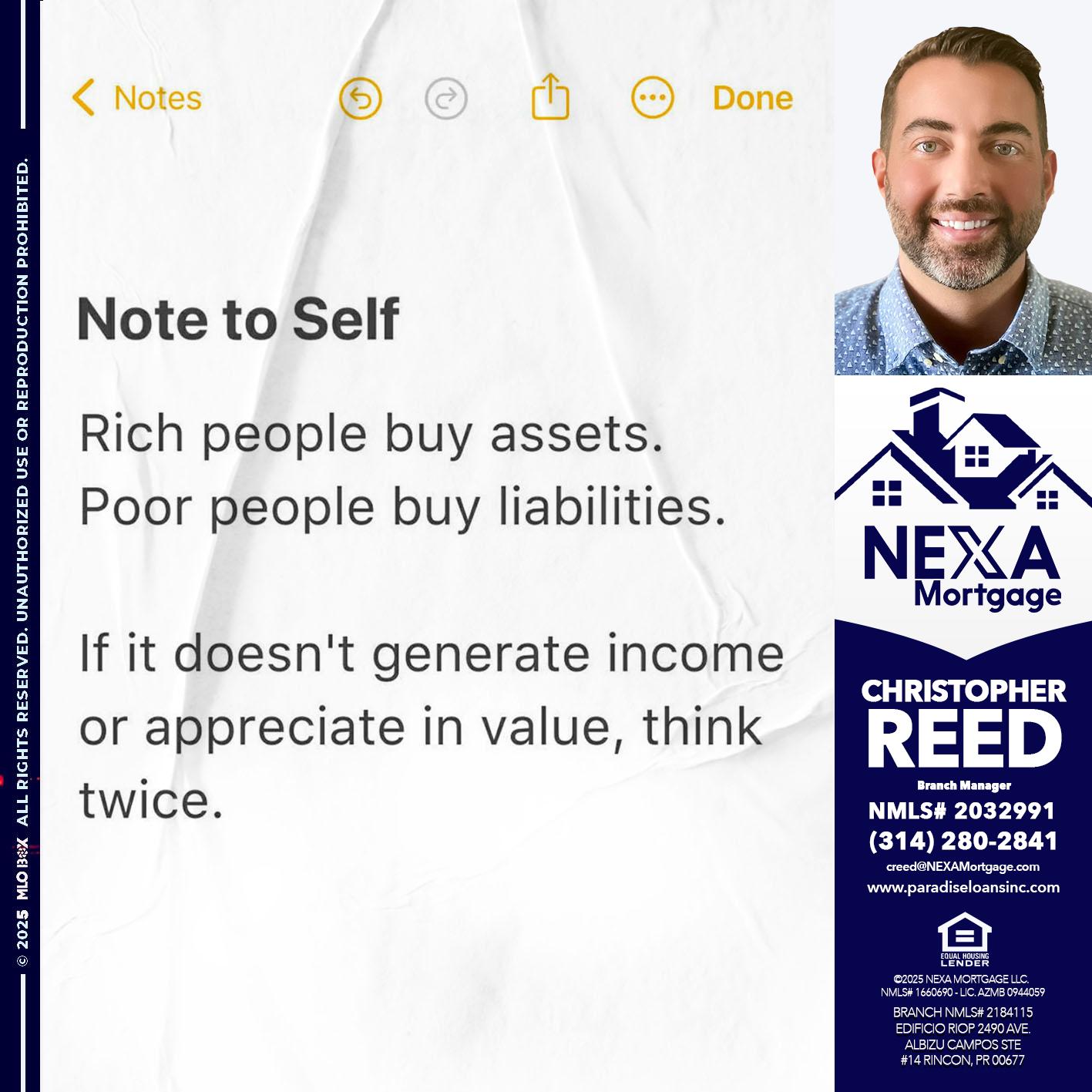 NOTE TO SELF - Christopher Reed -Branch Manager