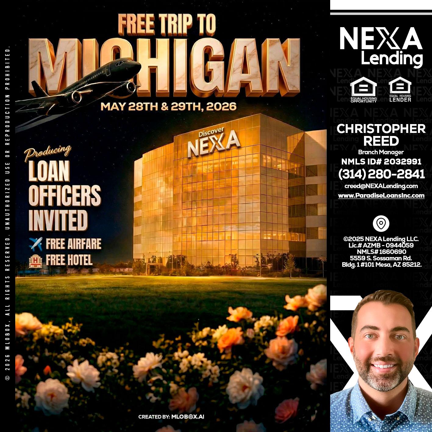 FREE TRIP TO MICHIGAN - Christopher Reed -Branch Manager